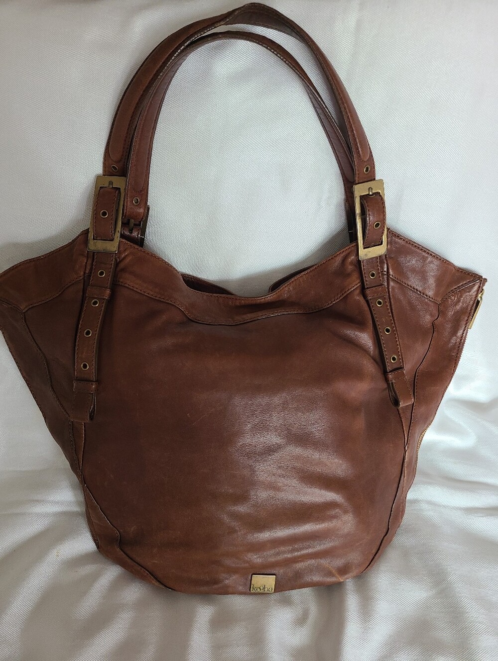 Kooba "Blake" Leather Shoulder Tote in Warm Brown with Buckle Straps